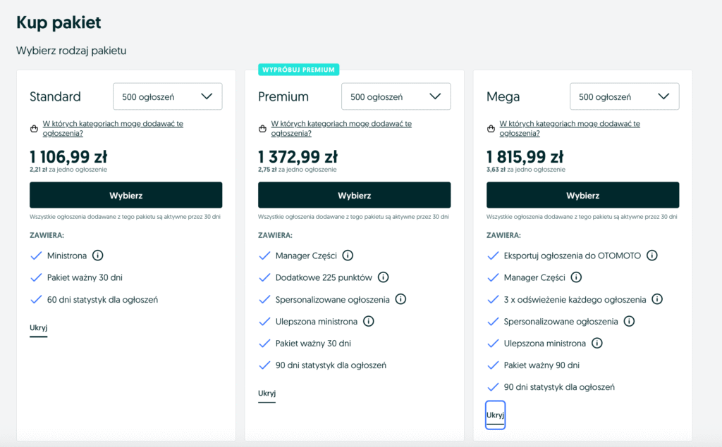 Pakiety OLX - cennik